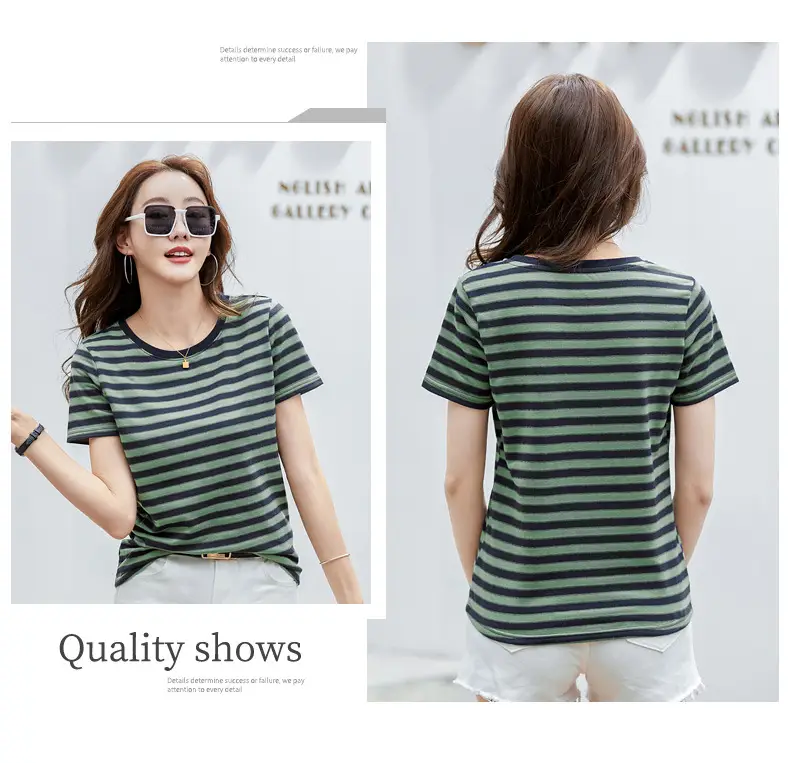 Women Striped T-Shirt Summer Loose Fit Round Neck — feature 12