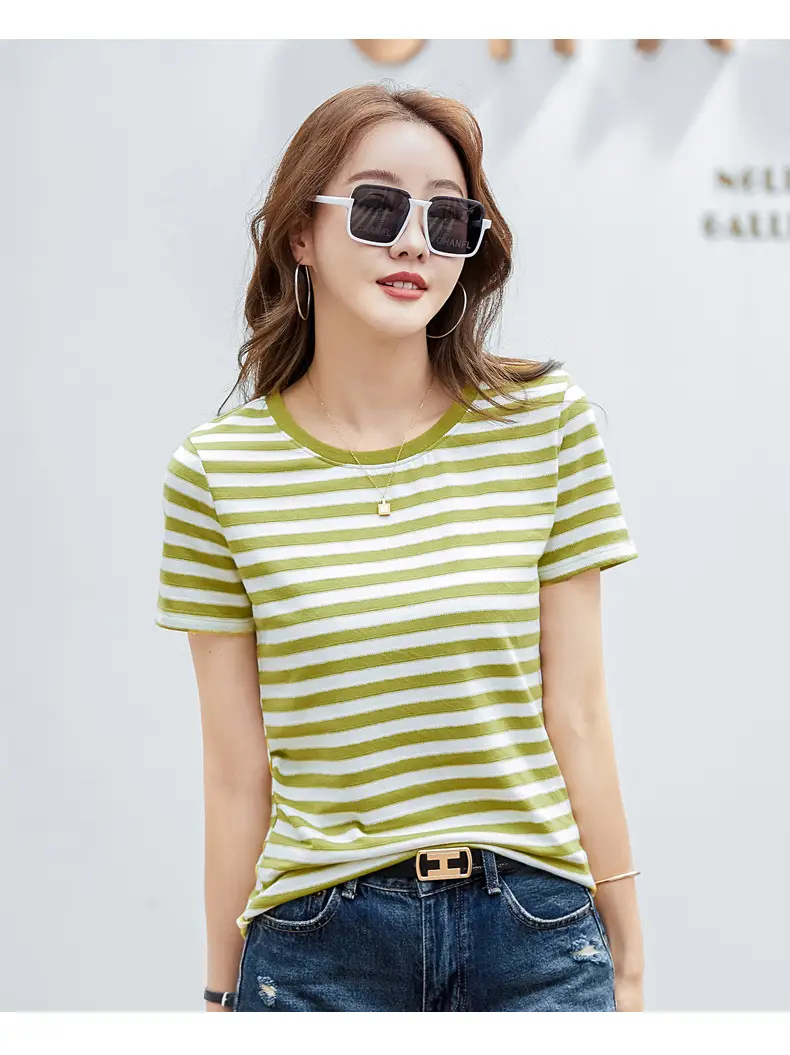 Women Striped T-Shirt Summer Loose Fit Round Neck — feature 13