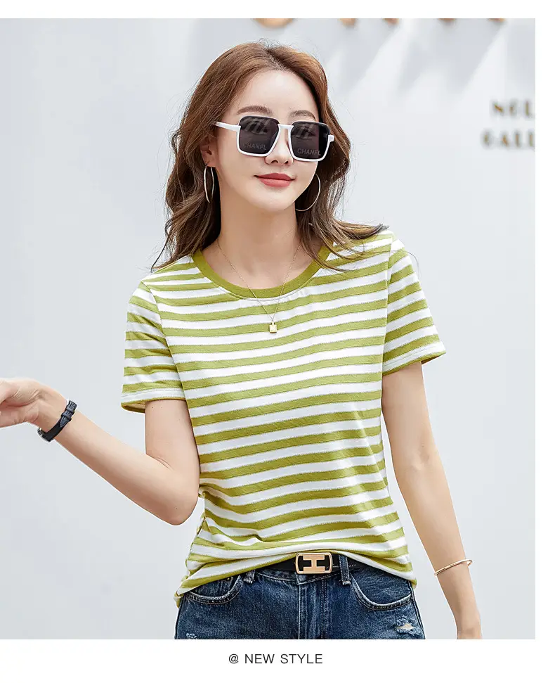 Women Striped T-Shirt Summer Loose Fit Round Neck — feature 14