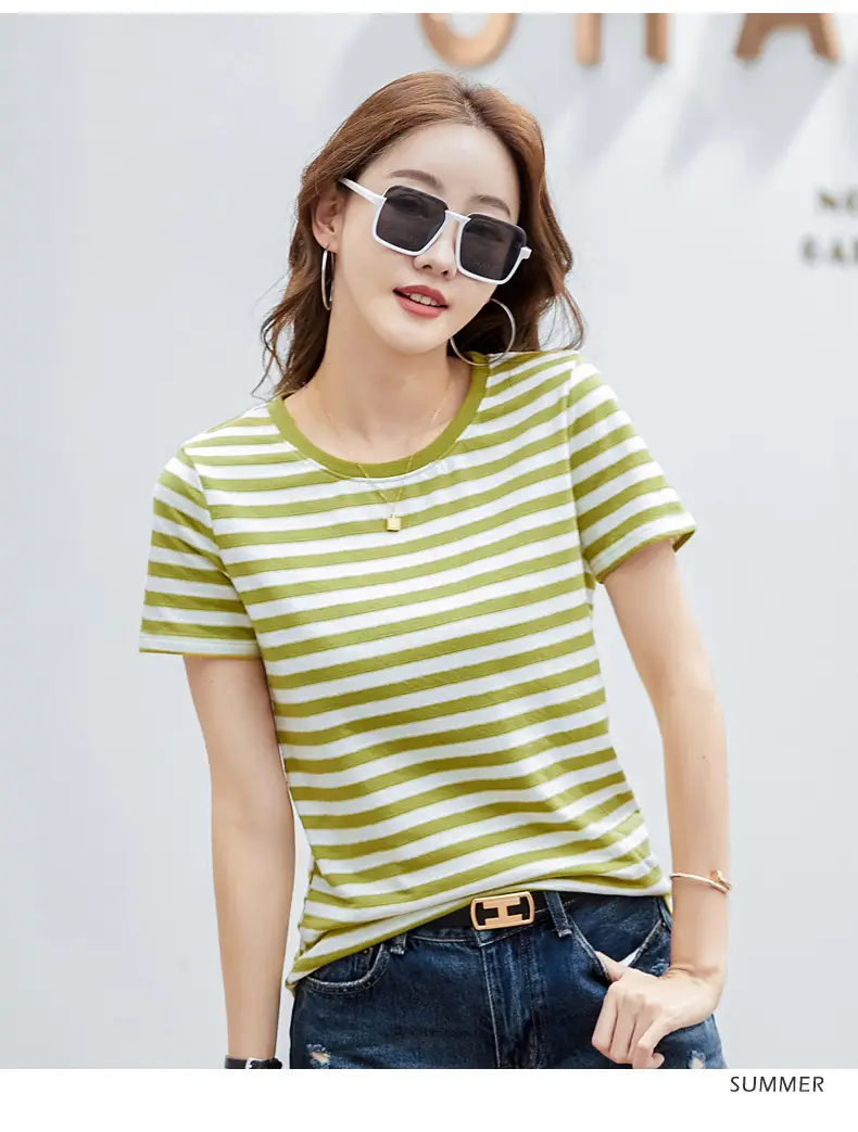 Women Striped T-Shirt Summer Loose Fit Round Neck — feature 15