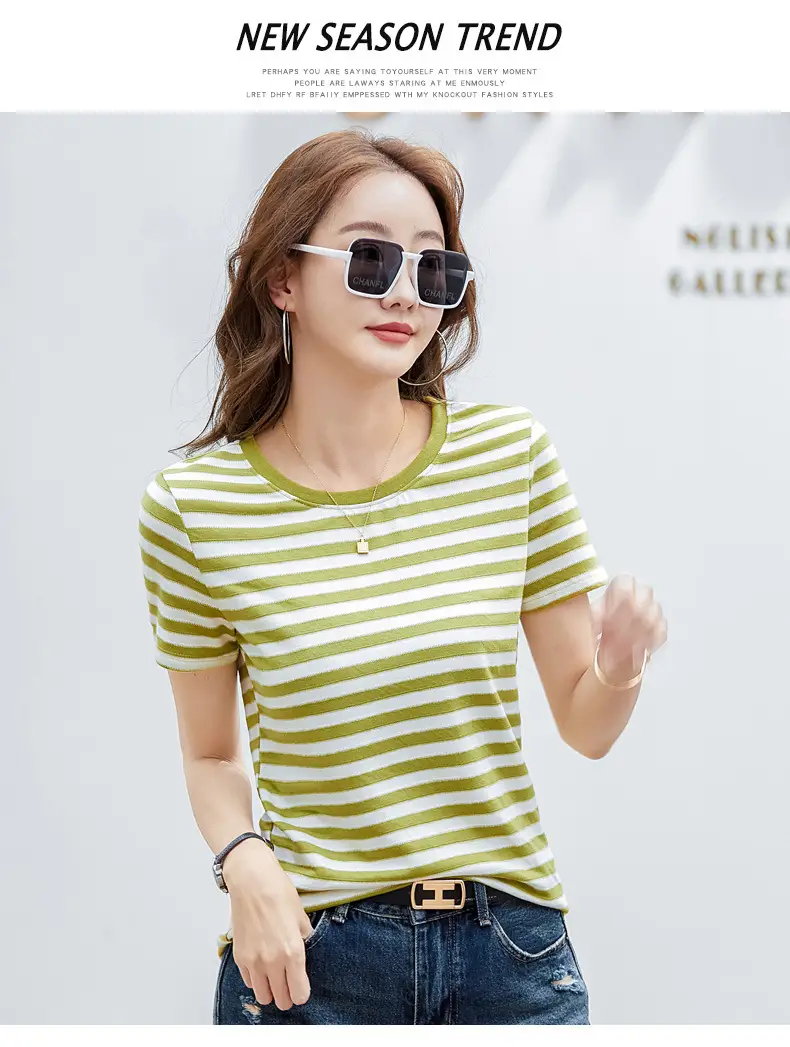 Women Striped T-Shirt Summer Loose Fit Round Neck — feature 16