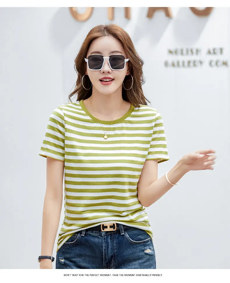 Women Striped T-Shirt Summer Loose Fit Round Neck — feature 17