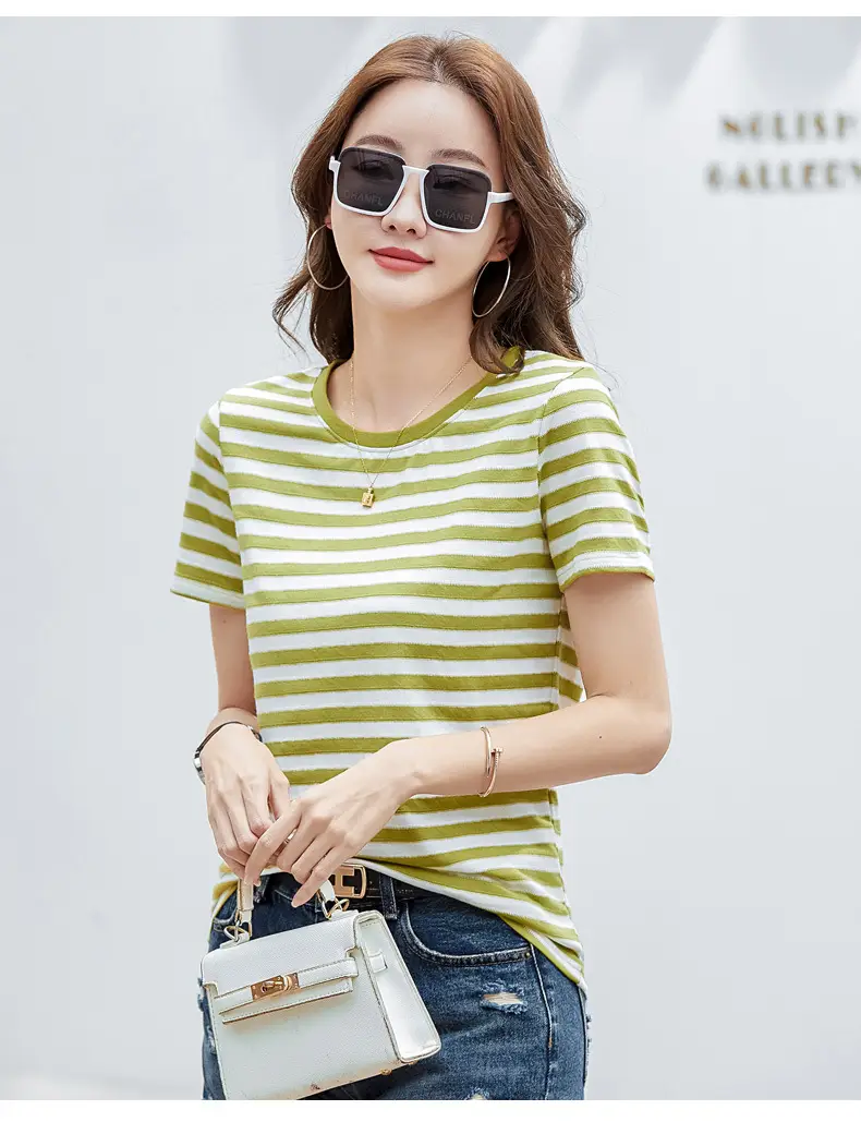 Women Striped T-Shirt Summer Loose Fit Round Neck — feature 18