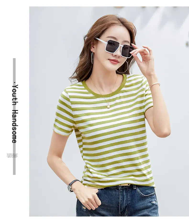 Women Striped T-Shirt Summer Loose Fit Round Neck — feature 19