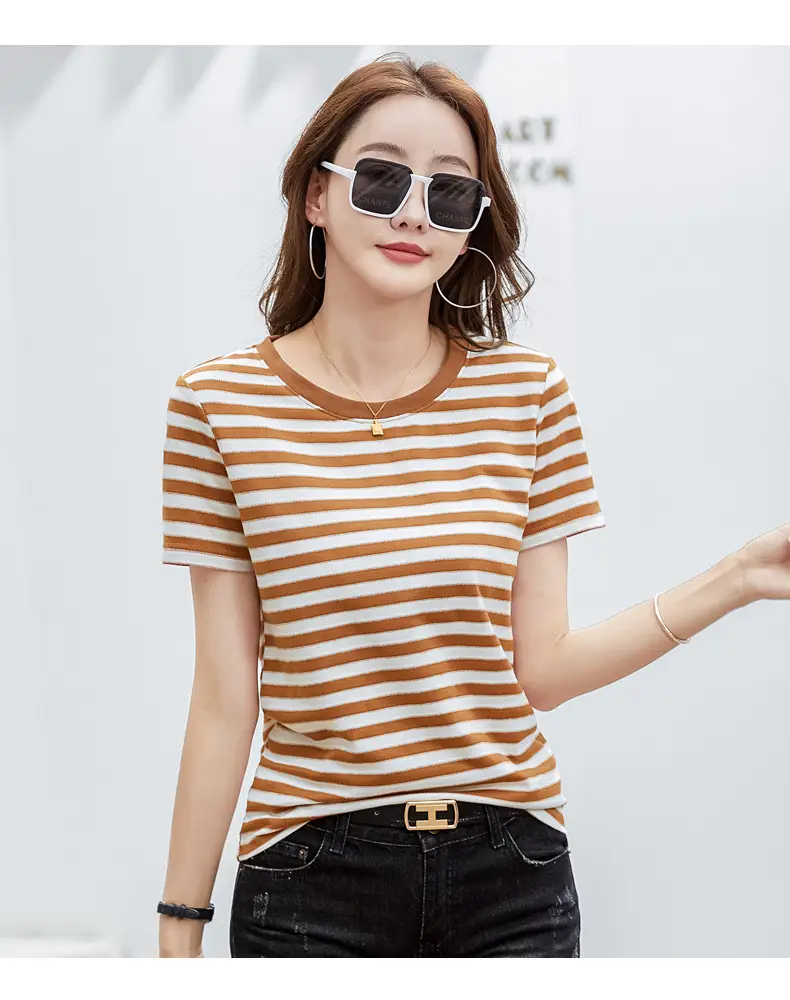 Women Striped T-Shirt Summer Loose Fit Round Neck — feature 20