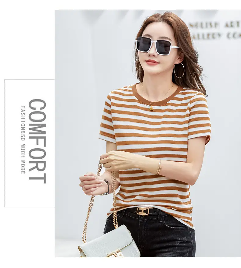 Women Striped T-Shirt Summer Loose Fit Round Neck — feature 21