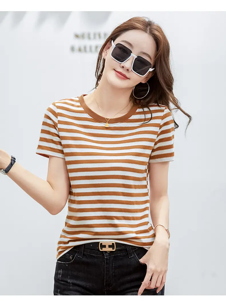 Women Striped T-Shirt Summer Loose Fit Round Neck — feature 22