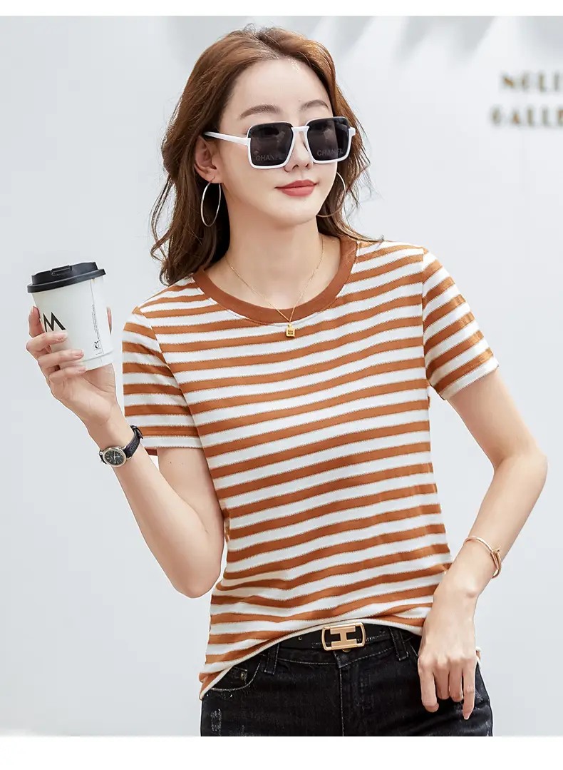 Women Striped T-Shirt Summer Loose Fit Round Neck — feature 23