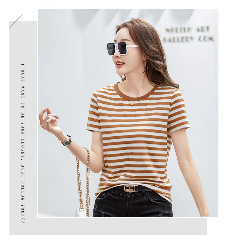 Women Striped T-Shirt Summer Loose Fit Round Neck — feature 24