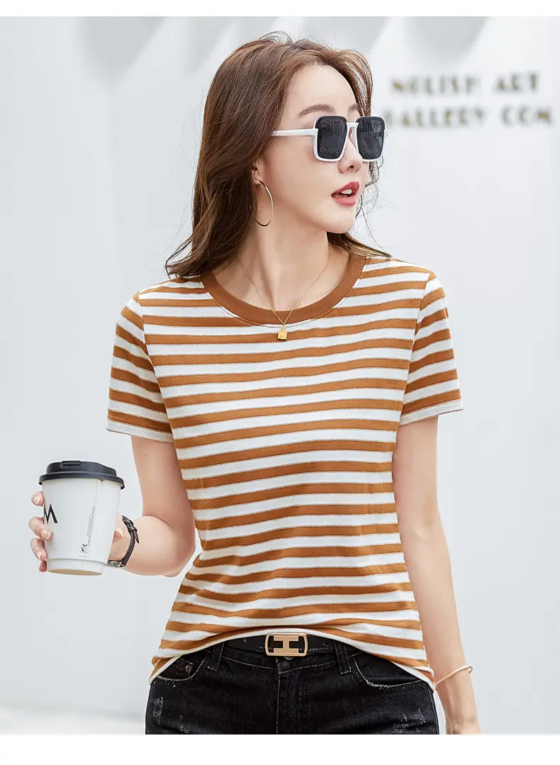 Women Striped T-Shirt Summer Loose Fit Round Neck — feature 25