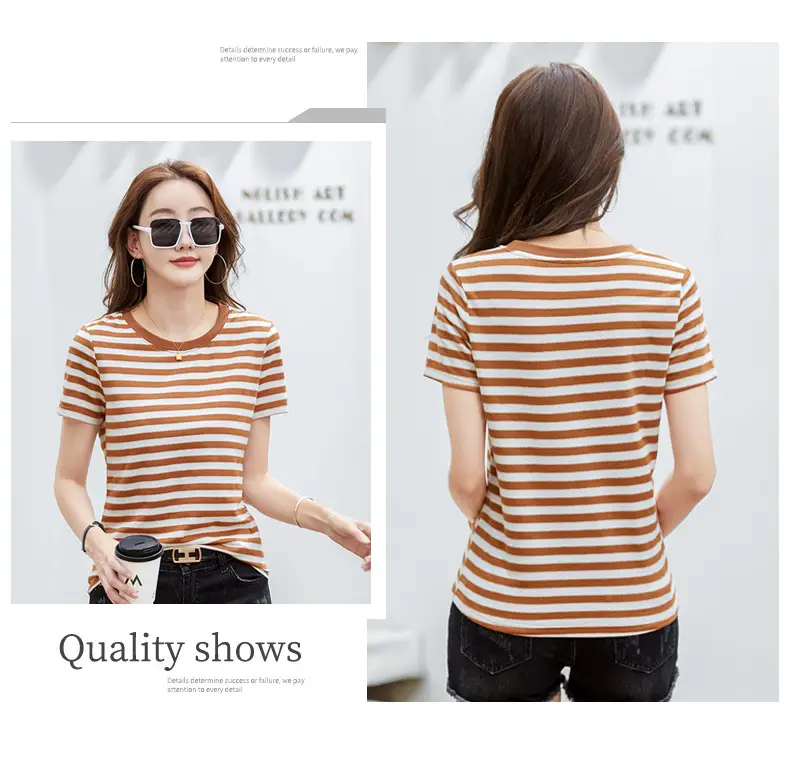 Women Striped T-Shirt Summer Loose Fit Round Neck — feature 26