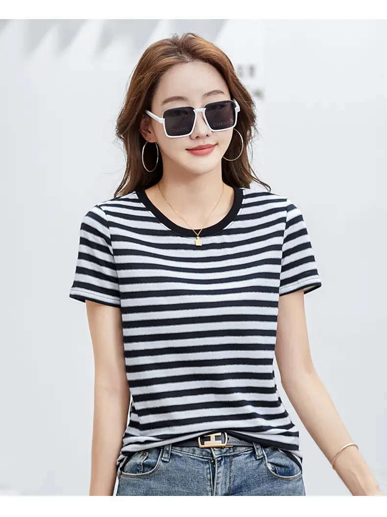 Women Striped T-Shirt Summer Loose Fit Round Neck — feature 27