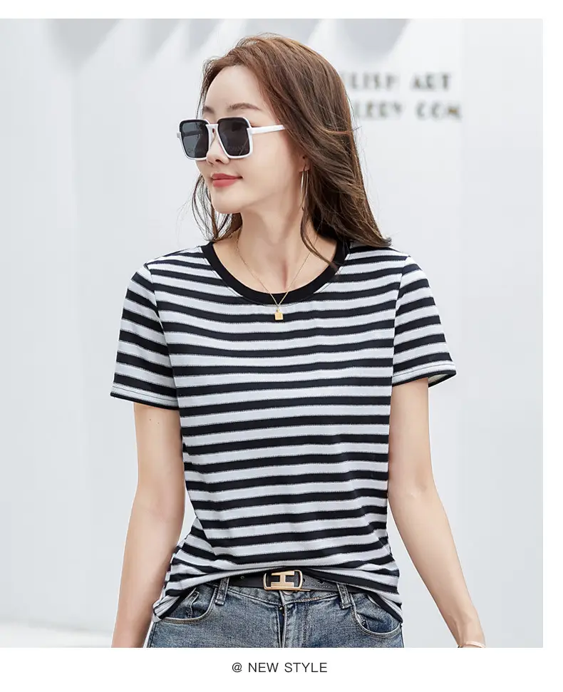 Women Striped T-Shirt Summer Loose Fit Round Neck — feature 28