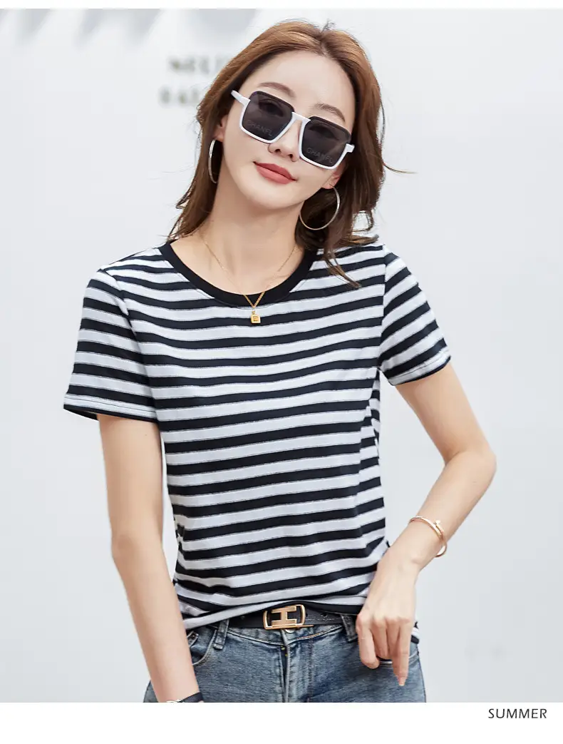 Women Striped T-Shirt Summer Loose Fit Round Neck — feature 29
