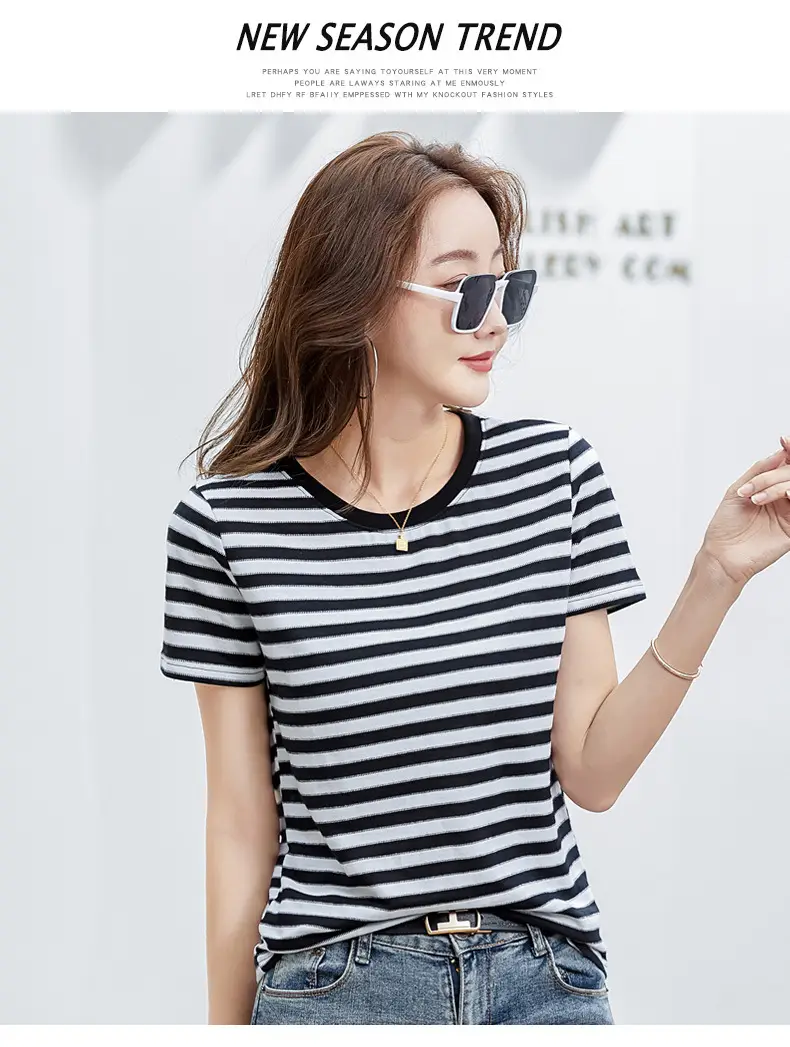 Women Striped T-Shirt Summer Loose Fit Round Neck — feature 30