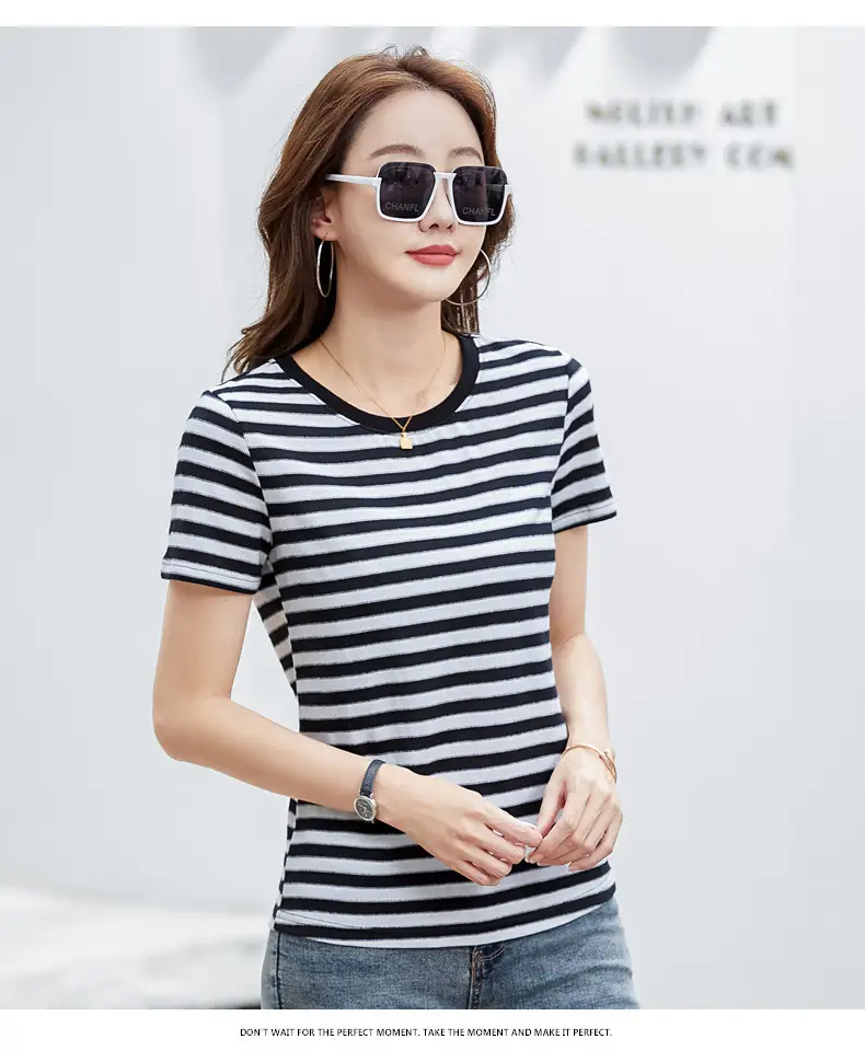 Women Striped T-Shirt Summer Loose Fit Round Neck — feature 31