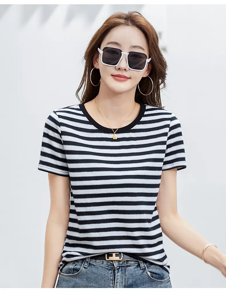 Women Striped T-Shirt Summer Loose Fit Round Neck — feature 32