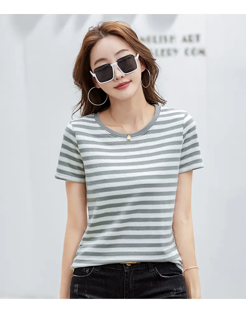Women Striped T-Shirt Summer Loose Fit Round Neck — feature 33