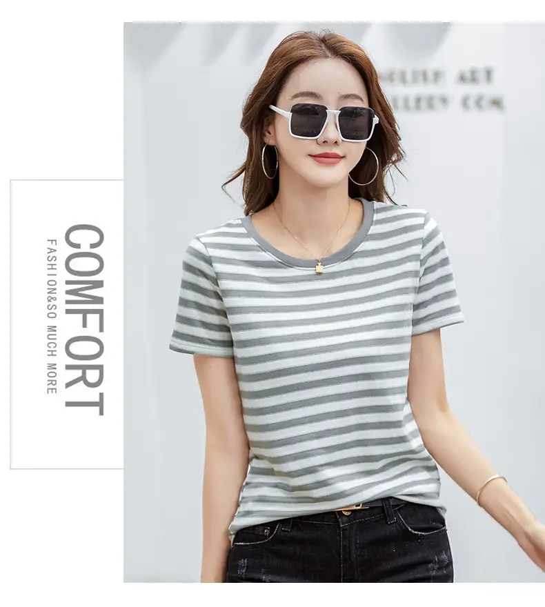 Women Striped T-Shirt Summer Loose Fit Round Neck — feature 34