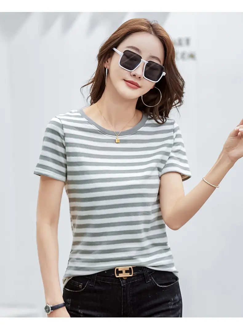 Women Striped T-Shirt Summer Loose Fit Round Neck — feature 35