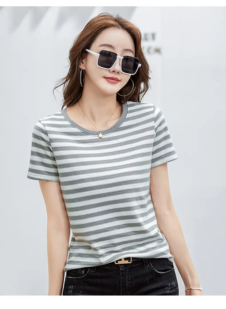 Women Striped T-Shirt Summer Loose Fit Round Neck — feature 36