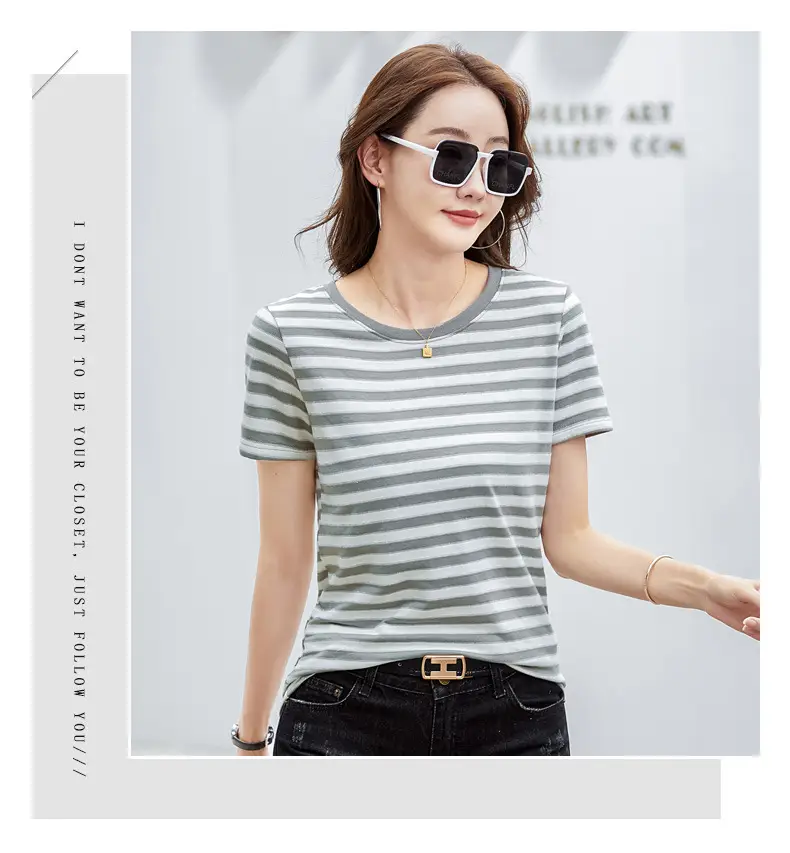 Women Striped T-Shirt Summer Loose Fit Round Neck — feature 37