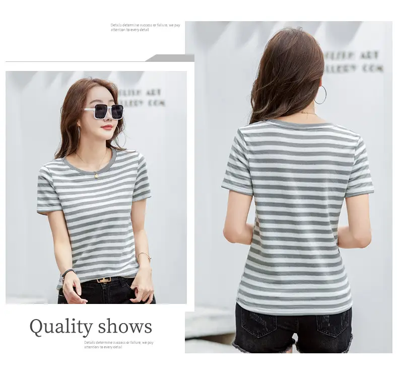 Women Striped T-Shirt Summer Loose Fit Round Neck — feature 38