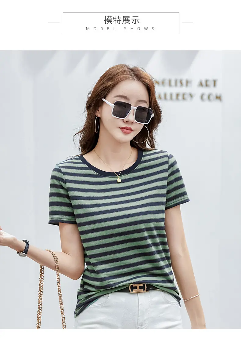 Women Striped T-Shirt Summer Loose Fit Round Neck — feature 6