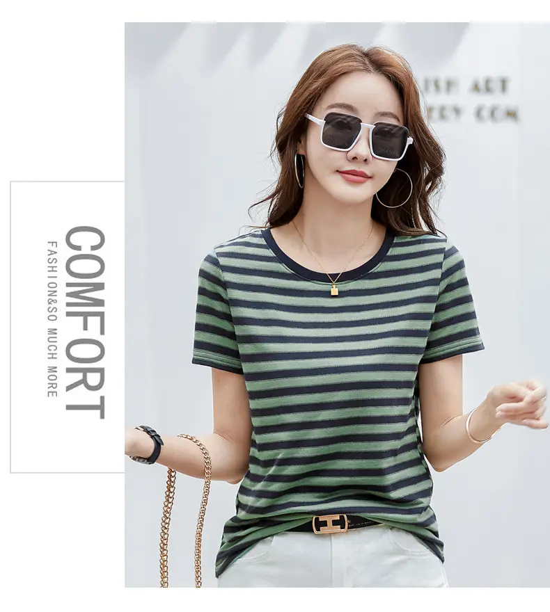 Women Striped T-Shirt Summer Loose Fit Round Neck — feature 7