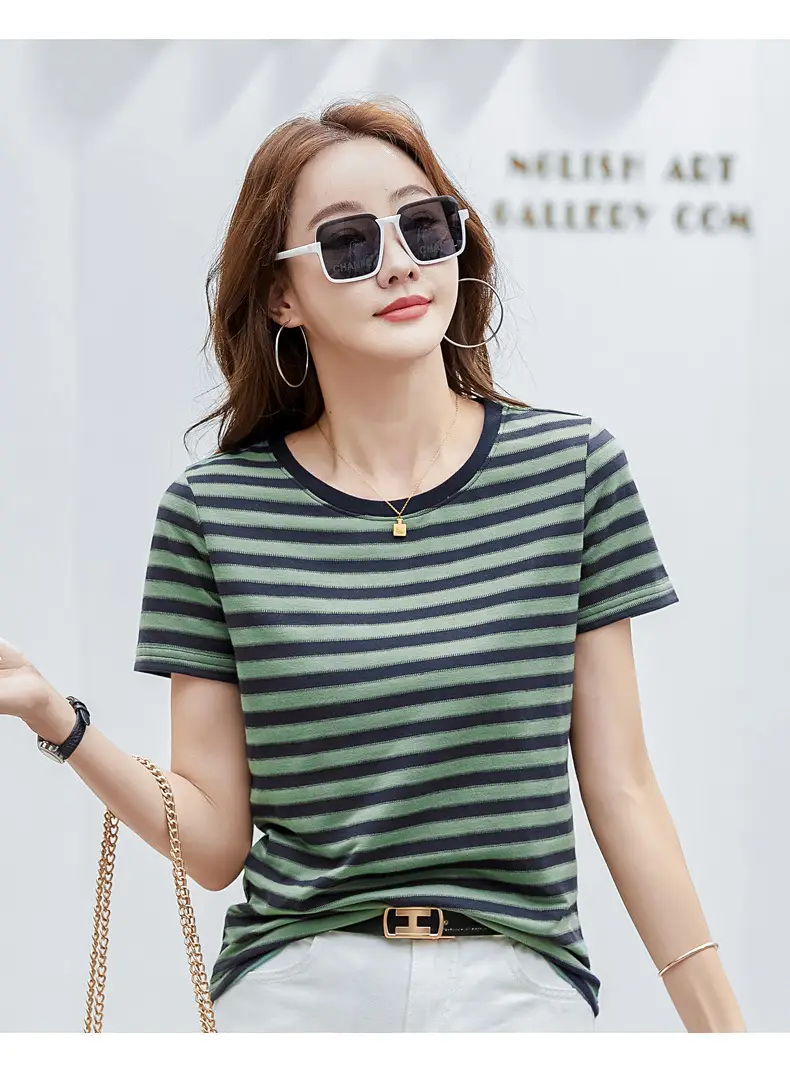 Women Striped T-Shirt Summer Loose Fit Round Neck — feature 8