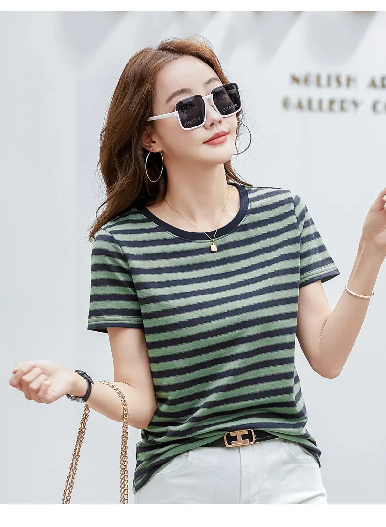Women Striped T-Shirt Summer Loose Fit Round Neck — feature 9