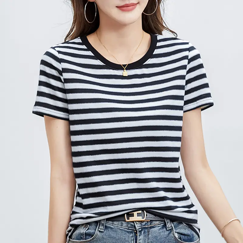 Women Striped T-Shirt Summer Loose Fit Round Neck - Image 2