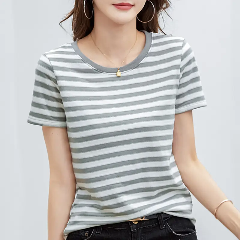 Women Striped T-Shirt Summer Loose Fit Round Neck - Image 3
