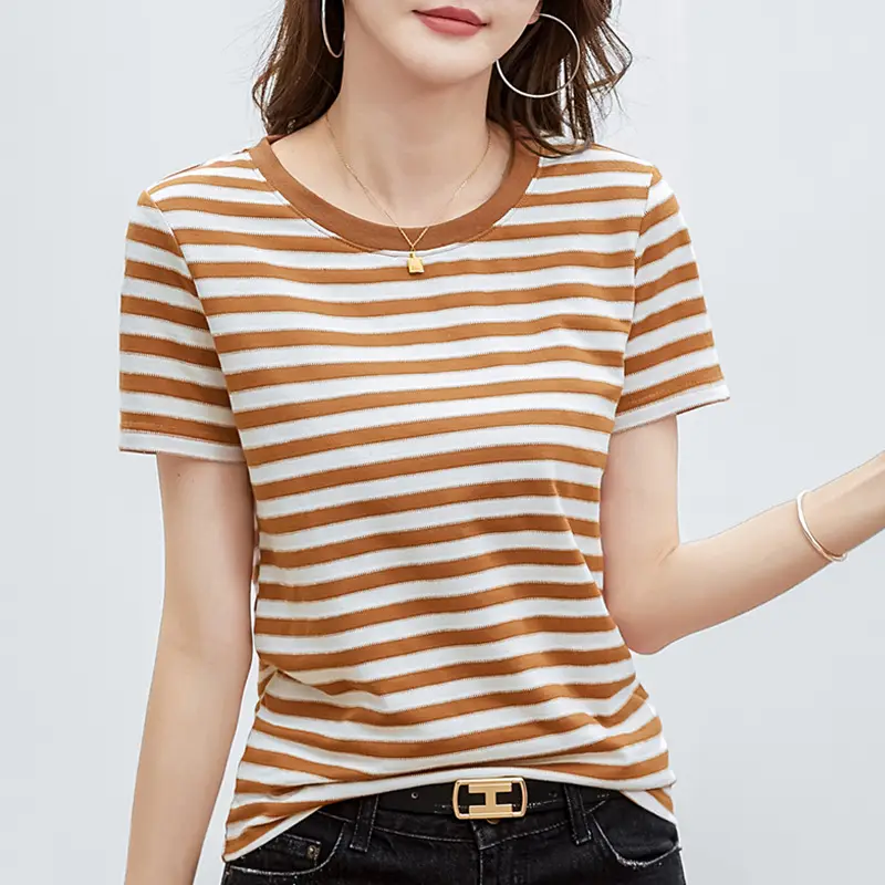Women Striped T-Shirt Summer Loose Fit Round Neck - Image 4