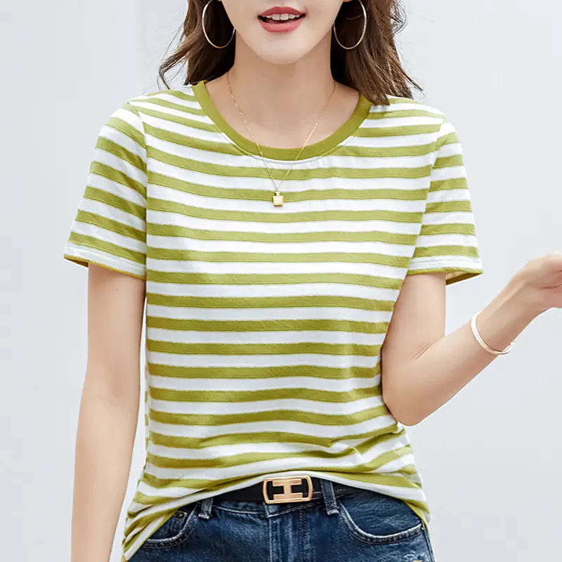 Women Striped T-Shirt Summer Loose Fit Round Neck - Image 5