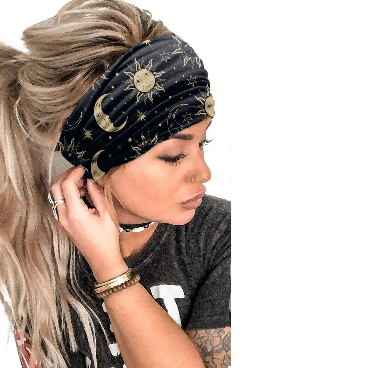 Wide-Brimmed Personalized Headband with Starry Sky Moon Print - Image 78