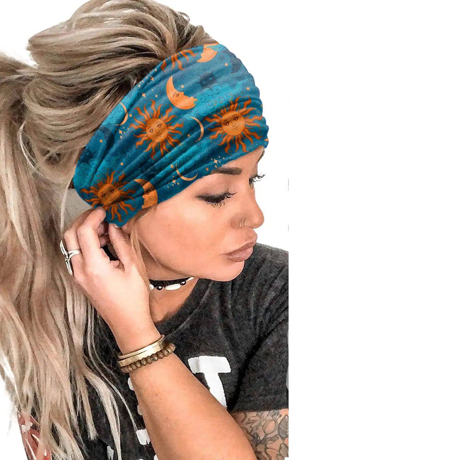 Wide-Brimmed Personalized Headband with Starry Sky Moon Print - Image 79