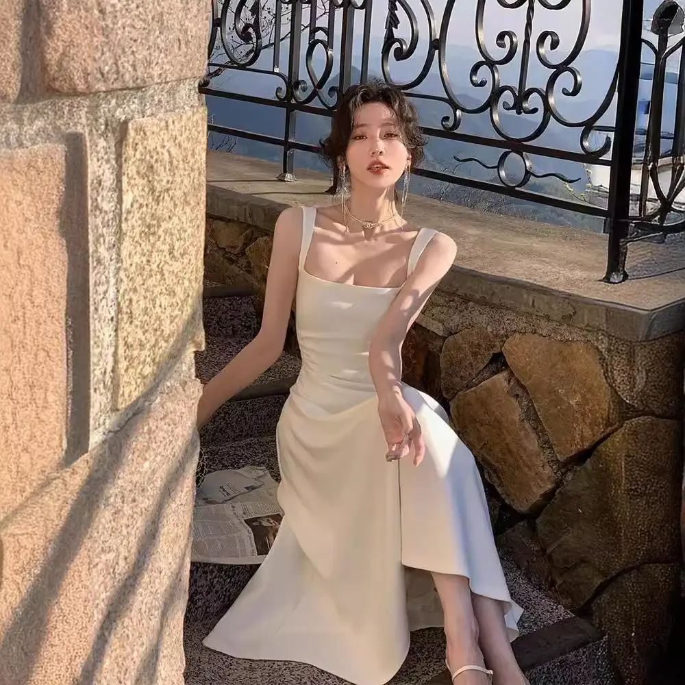 White Long Sleeve Sling Dress for Women 2024 - Image 6