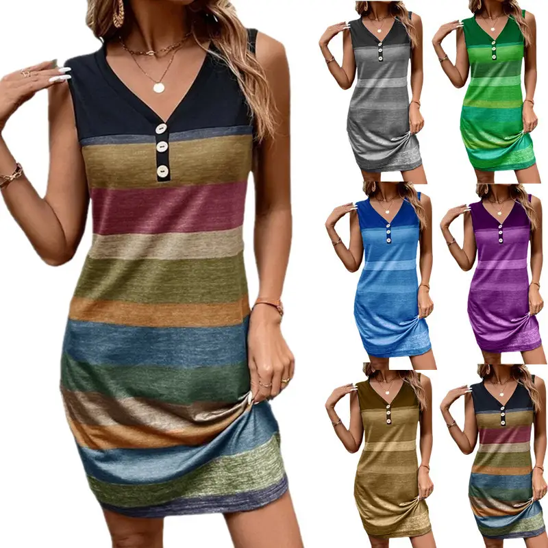 2025 Button Long Vest Dress Grey Striped - Image 7