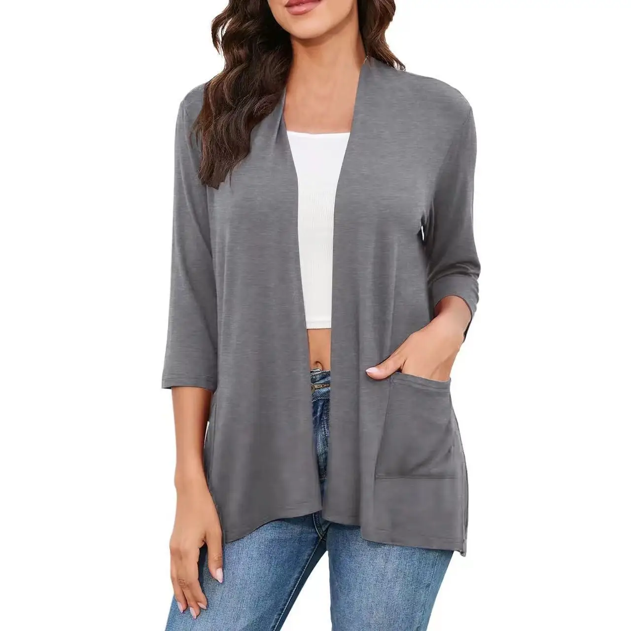 Women's Gray Cardigan Mid-Length Summer Top Large — feature 6