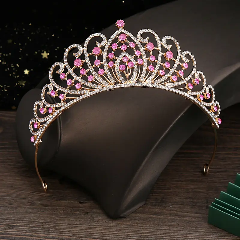 European & American Bridal Crown with Pink Rhinestones - Image 8