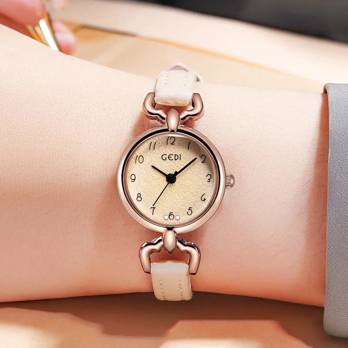 Gold Korean Women's Quartz Watch with White Leather Band — feature 21
