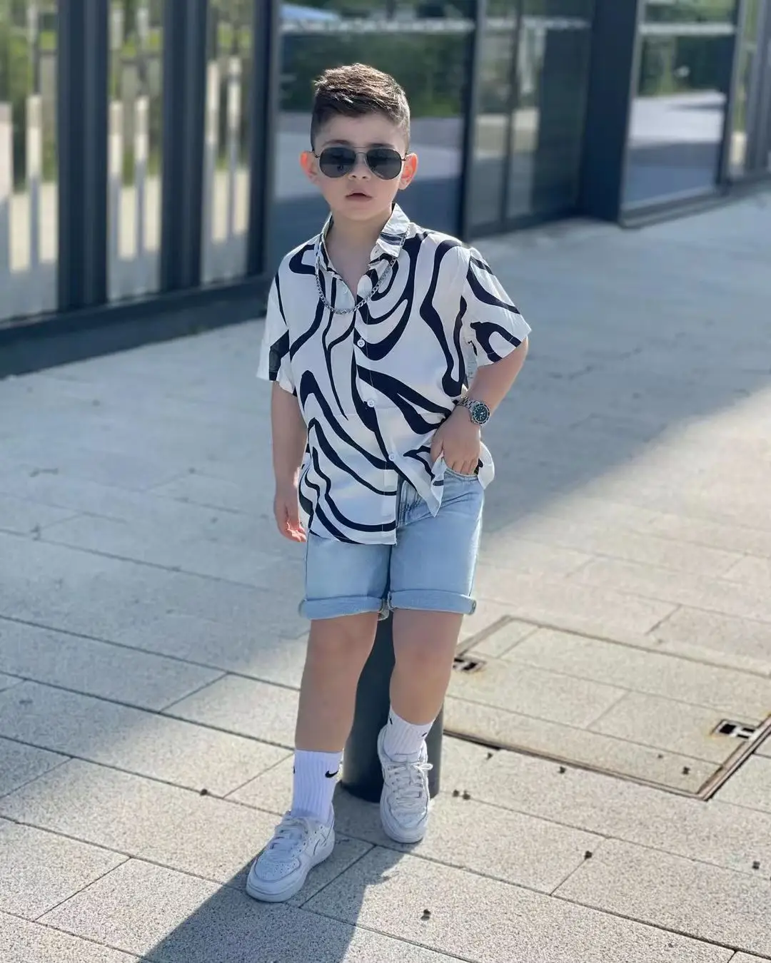 Kids Hip Hop Striped Shirt & Shorts Set White Blue