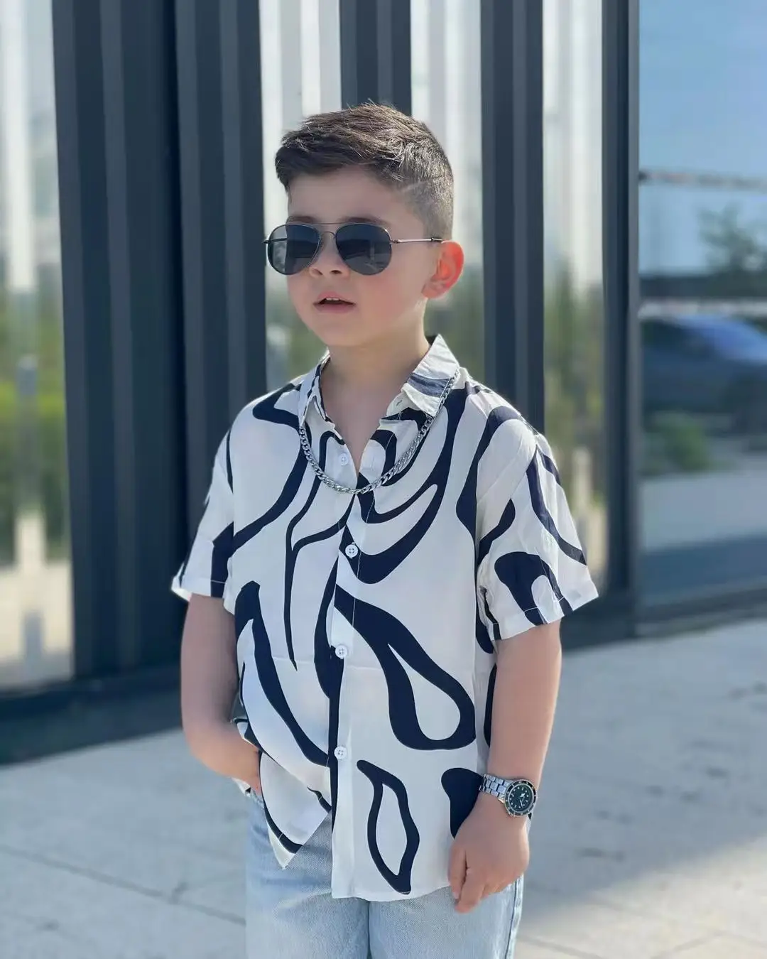 Kids Hip Hop Striped Shirt & Shorts Set White Blue