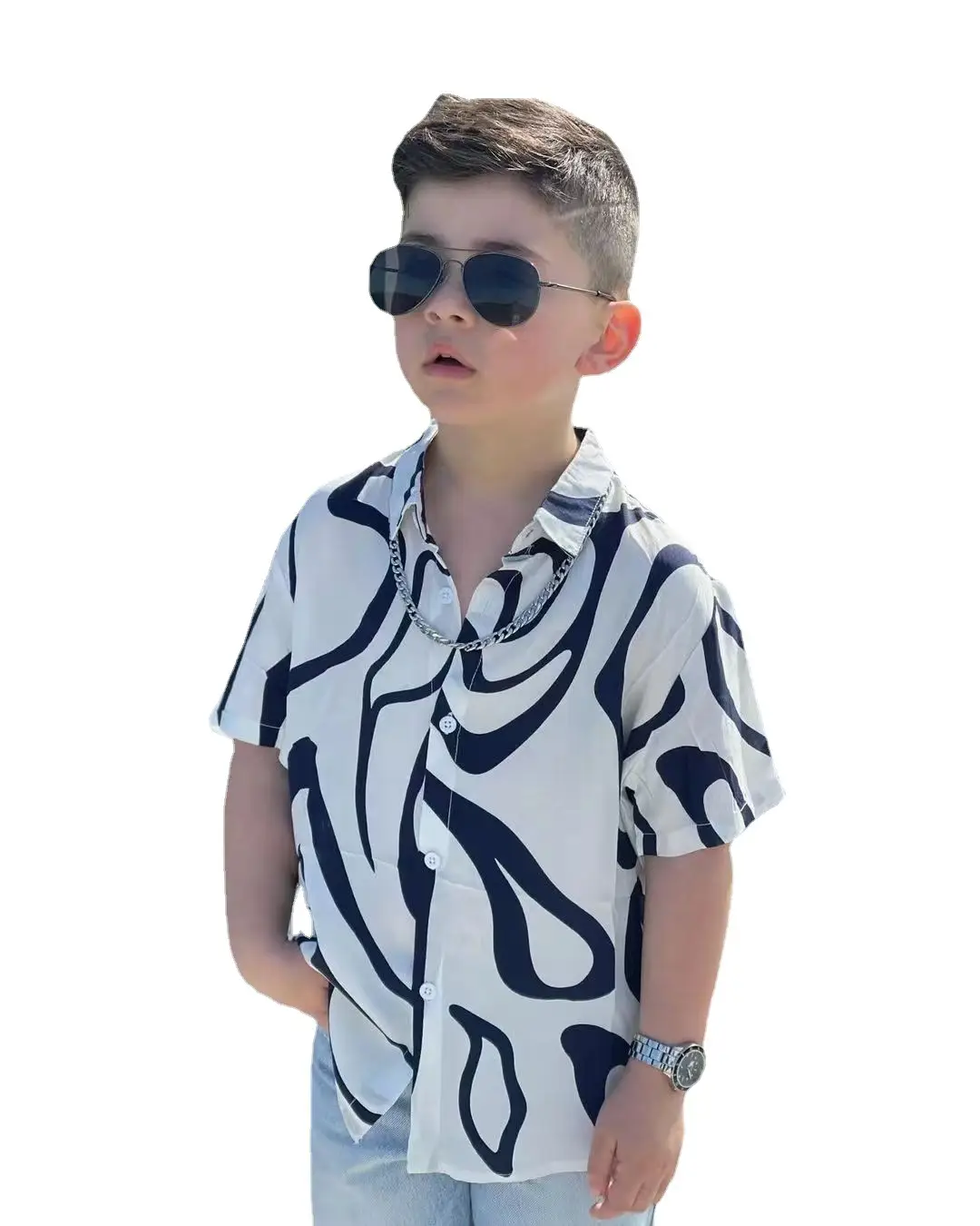 Kids Hip Hop Striped Shirt & Shorts Set White Blue