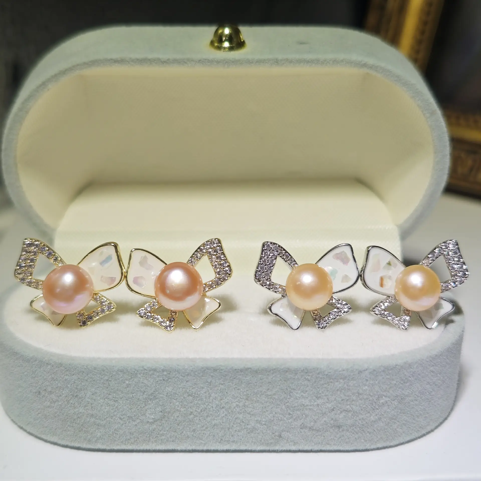 Dan Peach Pearl Earrings Gold Plated with Sparkle