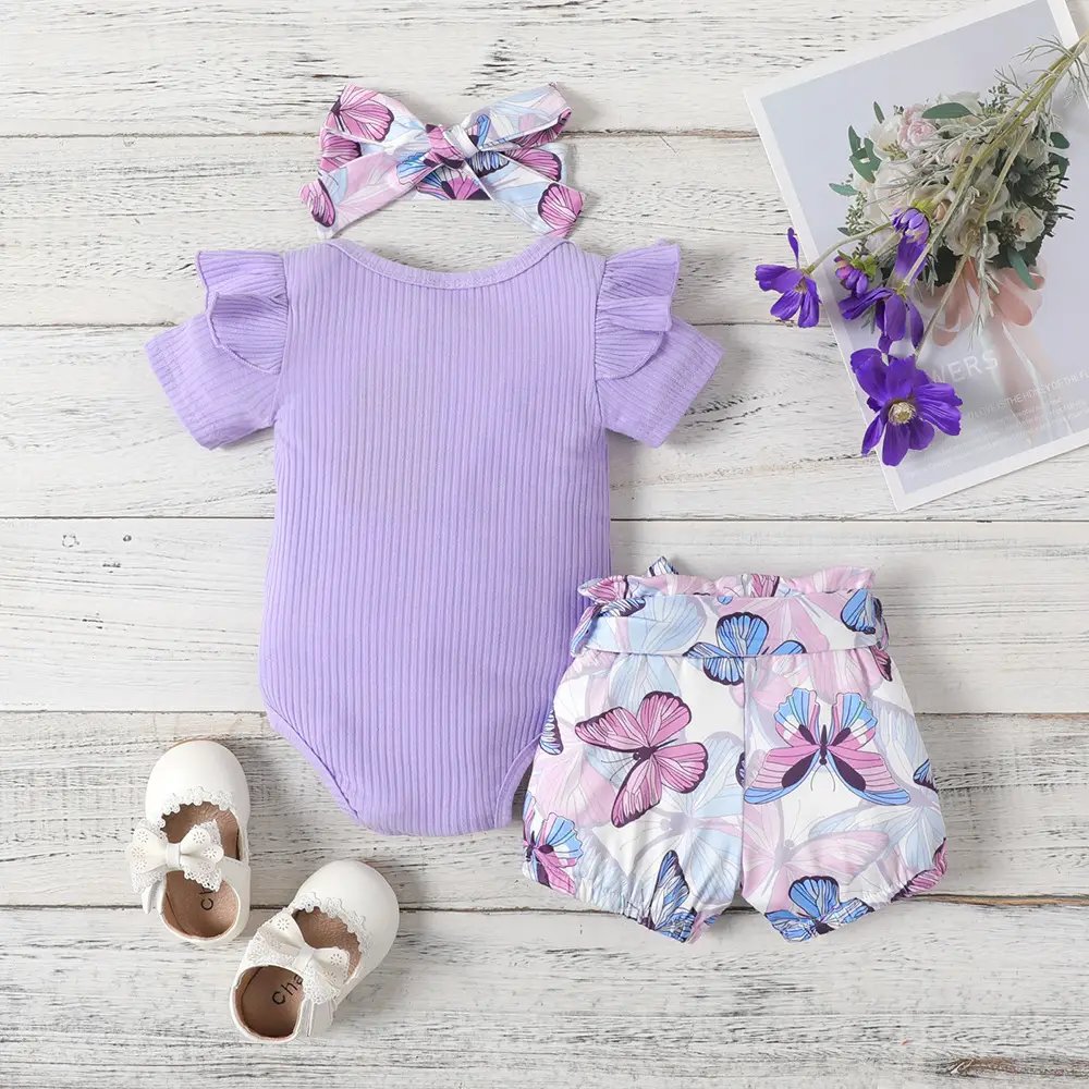 Newborn Baby Girl Red Floral Shorts Set with Butterfly Bow - Image 4