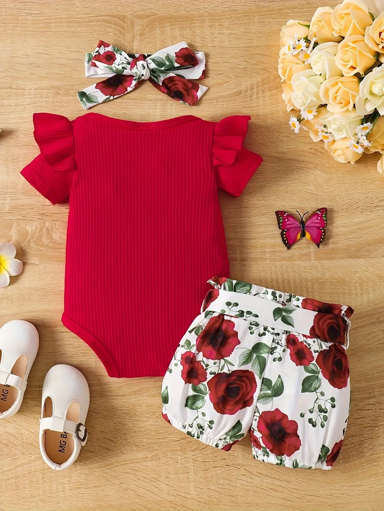 Newborn Baby Girl Red Floral Shorts Set with Butterfly Bow — feature 8