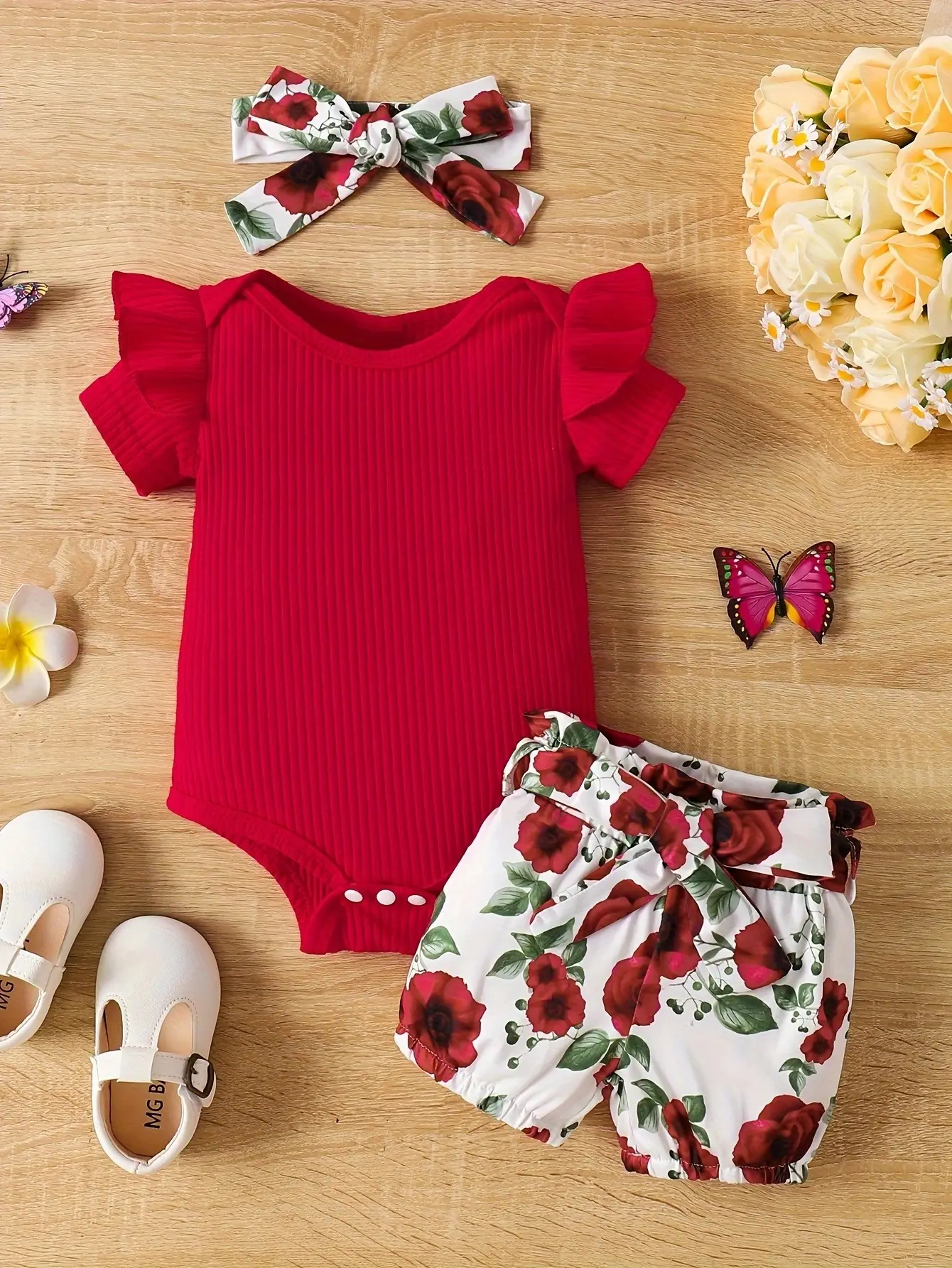 Newborn Baby Girl Red Floral Shorts Set with Butterfly Bow - Image 2