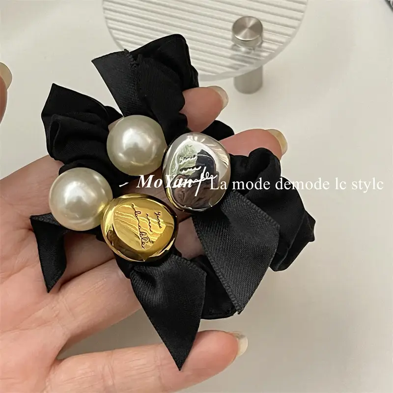 Black Pearl Hair Scrunchie with Gold Button - Image 5